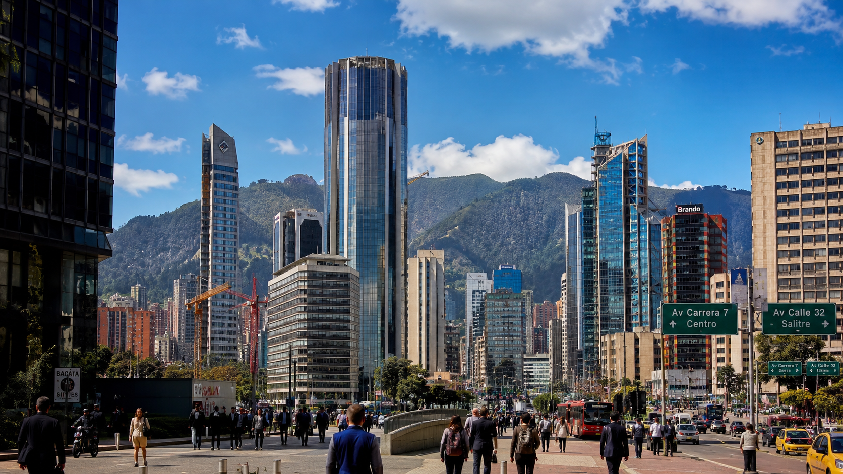 noticias Vista del centro financiero de Bogotá con edificios corporativos y construcción.